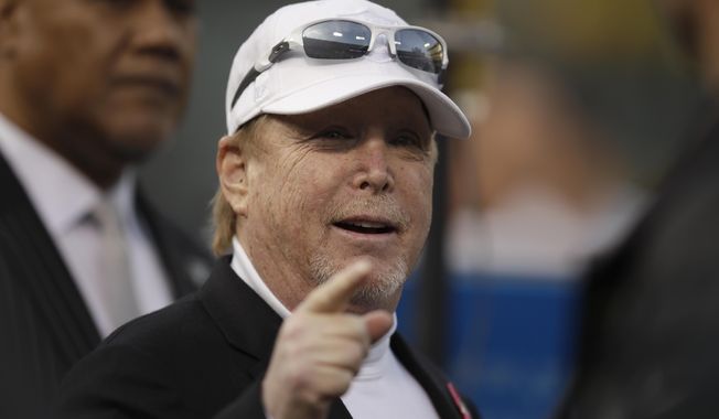 FILE - In this Thursday, Nov. 7, 2019 file photo, Oakland Raiders owner Mark Davis before an NFL football game between the Raiders and the Los Angeles Chargers in Oakland, Calif. Mark Davis is all in on the Las Vegas Aces. The Raiders owner was officially approved by the WNBA Board of Governors last week.(AP Photo/Ben Margot, File)