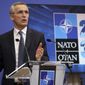 NATO Secretary General Jens Stoltenberg speaks during a media conference ahead of a NATO defense minister&#39;s meeting at NATO headquarters in Brussels, Monday, Feb. 15, 2021. (Olivier Hoslet, Pool via AP)