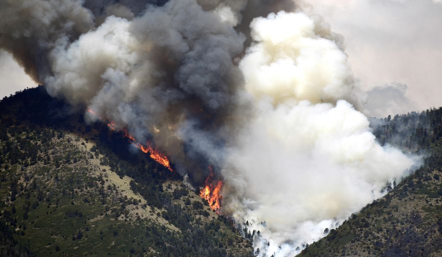 FILE - In this July 8, 2018, file photo a wildfire burns up a steep canyon near La Veta, Colo. A judge has decided against dropping criminal charges against a mentally ill Danish man accused of starting a large Colorado wildfire in 2018. The decision came Friday, Feb. 12, 2021, after a prosecutor said Jesper Joergensen wouldn't be deported if released from jail because of Biden administration changes to immigration policy. (Helen H. Richardson/The Denver Post via AP, File)/