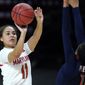Maryland guard Katie Benzan, left, shoots against Illinois guard Jada Peebles during the second half of an NCAA college basketball game, Wednesday, Feb. 17, 2021, in College Park, Md. (AP Photo/Julio Cortez)