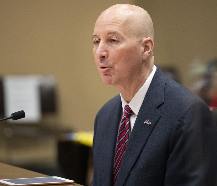 Nebraska Gov. Pete Ricketts speaks in support of LR22CA during a Revenue Committee hearing on Wednesday, Jan. 27, 2021, at the Capitol in Lincoln, Neb. (Gwyneth Roberts/Lincoln Journal Star via AP)