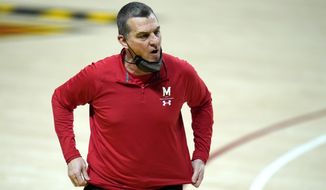 Maryland head coach Mark Turgeon reacts during the second half of an NCAA college basketball game against Nebraska, Wednesday, Feb. 17, 2021, in College Park, Md. (AP Photo/Julio Cortez) **FILE**