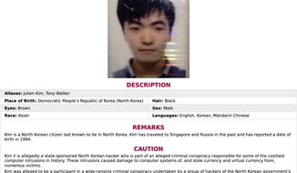This wanted poster released by the Department of Justice shows Kim Il, who prosecutors say is a  member of a North Korean military intelligence agency and carried out hacks at the behest of the government with a goal of using pilfered funds for the benefit of the regime. The Justice Department has charged three North Korean computer programmers in a broad range of global and destructive hacks, including targeting banks and a movie studio. That&#39;s according to a newly unsealed indictment. It builds off an earlier criminal case brought in 2018. The new cases adds two additional North Korean defendants. Prosecutors say all three programmers are members of a military intelligence agency of the North Korean government. (Department of Justice via AP)