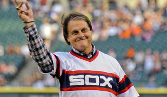 FILE - In this Aug. 30, 2014, file photo, former Chicago White Sox manager Tony La Russa throws out a ceremonial first pitch before the second baseball game of a baseball doubleheader against the Detroit Tigers in Chicago. Tony La Russa felt fortunate. The Chicago White Sox gave the Hall of Famer the opportunity to manage again despite a lengthy absence from the dugout and stuck with him after news of a drunken driving arrest broke shortly after his hiring. (AP Photo/Matt Marton, File)