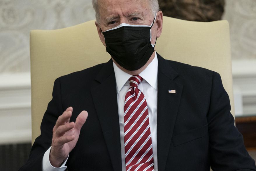 President Joe Biden speaks during a meeting with labor leaders in the Oval Office of the White House, Wednesday, Feb. 17, 2021, in Washington. (AP Photo/Evan Vucci)