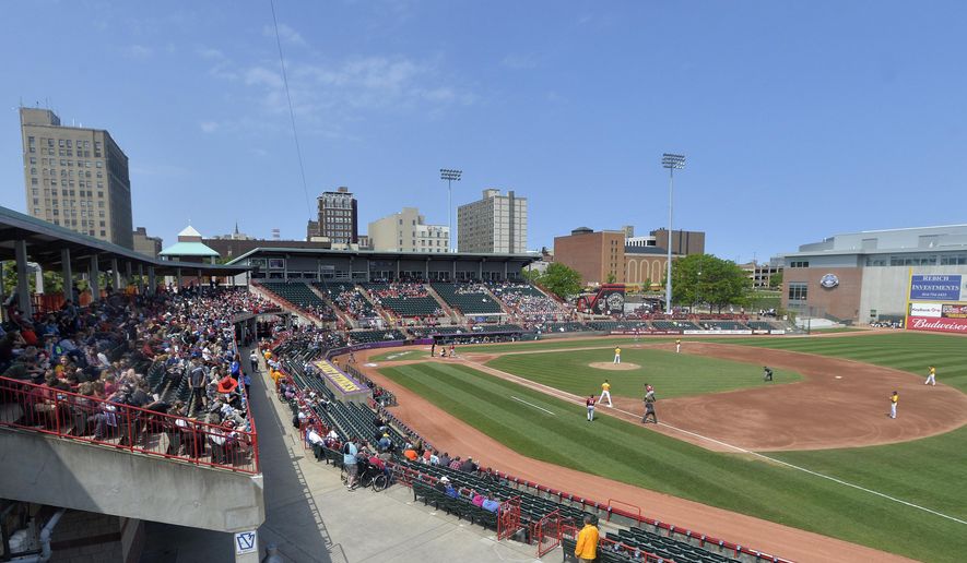 FILE - In this June 4, 2019, file photo, the Erie SeaWolves host the Altoona Curve for an Eastern League baseball game at UPMC Park in Erie, Pa. Major League Baseball has reorganized its minor leagues in a 120-team regional alignment, MLB announced, Friday, Feb. 12, 2021.  The leagues have not yet been named and Major league owners, Commissioner Rob Manfred and his staff have not decided whether to retain the traditional names of the leagues, such as Pacific Coast League. (Greg Wohlford/Erie Times-News via AP, File)