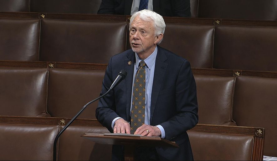 In this image from video, Rep. Jack Bergman, R-Mich., speaks on the floor of the House of Representatives at the U.S. Capitol in Washington, Thursday, April 23, 2020. (House Television via AP)