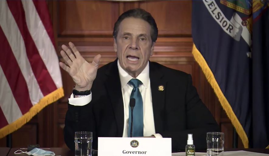 In this image taken from video, New York Gov. Andrew Cuomo speaks during a news conference Friday, Feb. 19, 2021, in Albany, N.Y. Cuomo and his health commissioner offered a full-throated defense Friday of their March decision to require nursing homes to accept patients recovering from COVID-19, saying it was the best option for overwhelmed hospitals that desperately needed to free up beds. (Office of the Governor of New York via AP)