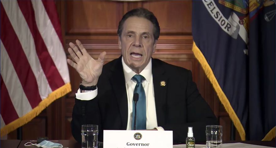 In this image taken from video, New York Gov. Andrew Cuomo speaks during a news conference Friday, Feb. 19, 2021, in Albany, N.Y. Cuomo and his health commissioner offered a full-throated defense Friday of their March decision to require nursing homes to accept patients recovering from COVID-19, saying it was the best option for overwhelmed hospitals that desperately needed to free up beds. (Office of the Governor of New York via AP)