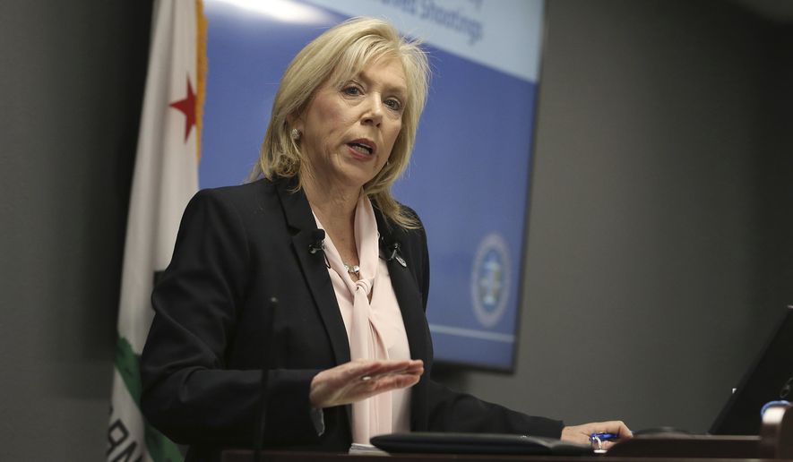 FILE - In this March 2, 2019, file photo, Sacramento County District Attorney Anne Marie Schubert speaks during a news conference in Sacramento, Calif. Schubert said she has about a dozen investigators assigned to unemployment fraud, estimating they are looking into close to $3 million in fraud right now. District attorneys across the state were shocked last year to discover the state had OK&#39;d millions of dollars in unemployment benefits in the names of prison inmates, including killers on death row at the San Quentin State Prison. (AP Photo/Rich Pedroncelli, File)
