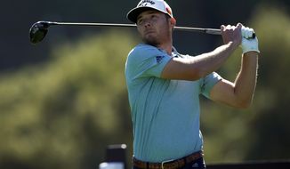 Sam Burns tees off on the ninth hole during the second round of the Genesis Invitational golf tournament at Riviera Country Club, Friday, Feb. 19, 2021, in the Pacific Palisades area of Los Angeles. (AP Photo/Ryan Kang)