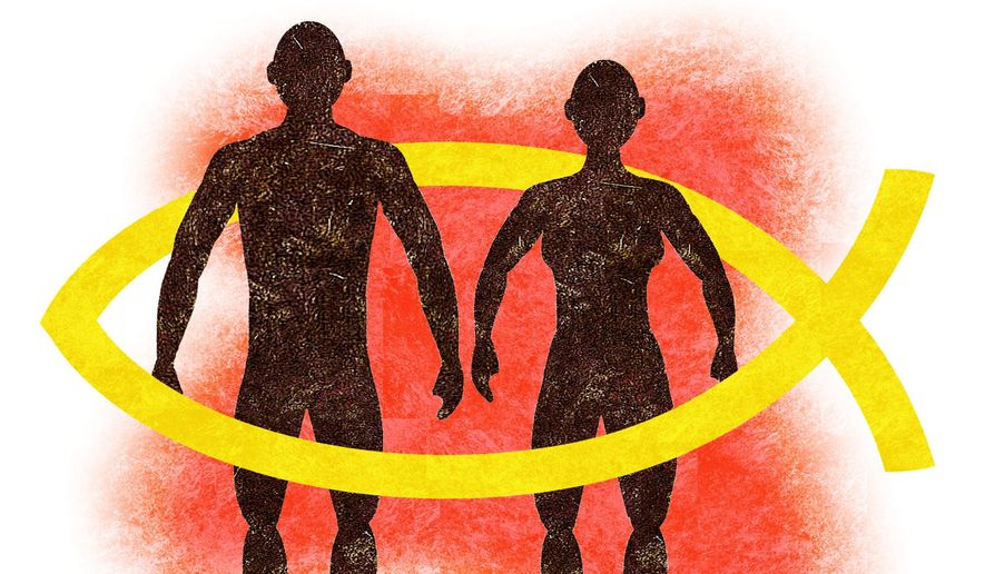Illustration on two sexes and Christian belief by Alexander Hunter/The Washington Times