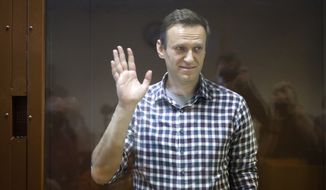 Russian opposition leader Alexei Navalny stands in a cage in the Babuskinsky District Court in Moscow, Russia, Saturday, Feb. 20, 2021. A Moscow court on Saturday considered Navalny&#39;s appeal against his prison sentence as the country faced a top European rights court&#39;s order to free the most prominent Kremlin foe. (AP Photo/Alexander Zemlianichenko)