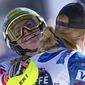 Austria&#39;s Katharina Liensberger, face to camera, winner of the women&#39;s slalom, celebrates with third placed United States&#39; Mikaela Shiffrin, at the alpine ski World Championships in Cortina d&#39;Ampezzo, Italy, Saturday, Feb. 20, 2021. (AP Photo/Giovanni Auletta)