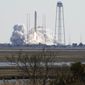 Northup Grumman&#x27;s Antares rocket lifts off the launch pad at NASA&#x27;s Wallops Island flight facility in Wallops Island, Va., Saturday, Feb. 20, 2021. The rocket is delivering cargo to the International Space Station. (AP Photo/Steve Helber)