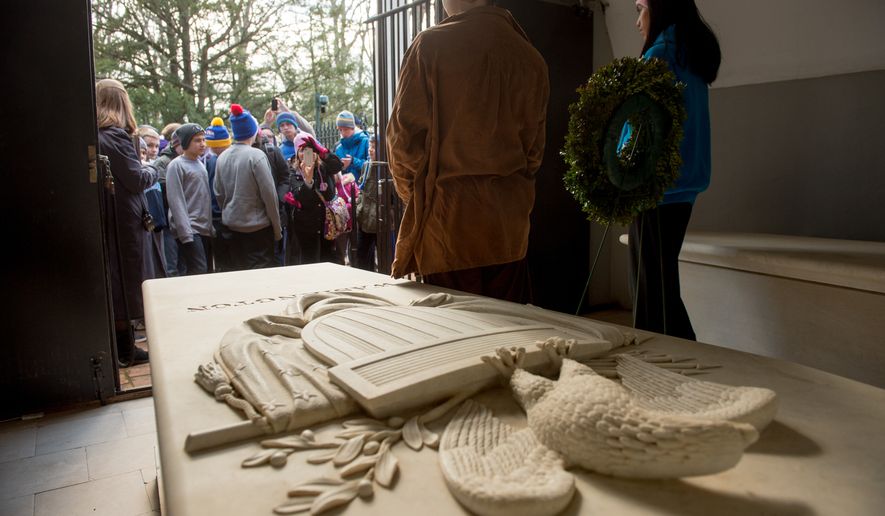 A wreath is laid and the tomb is a place to celebrate on George Washington’s birthday. (The Washington Times)
