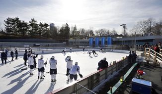 FILE - In this Nov. 30, 2013 photo, the Winnipeg Jets run a drill during an NHL hockey practice at Lasker Rink in New York&#39;s Central Park. Lasker and Wollman rinks, both located in Central Park, will close after sessions on Sunday, Feb. 21, 2021, because New York City is cutting ties with the Trump Organization that operates them. Democratic Mayor Bill de Blasio&#39;s administration announced last month it would terminate business contracts with President Donald Trump after the Jan. 6 insurrection at the U.S. Capitol. (AP Photo/Jason DeCrow, File)