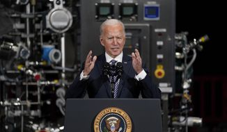 President Joe Biden speaks after a tour of a Pfizer manufacturing site in Portage, Mich. (AP Photo/Evan Vucci, File)