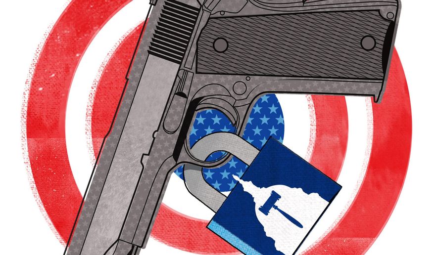 Illustration on Biden and gun control by Linas Garsys/The Washington Times