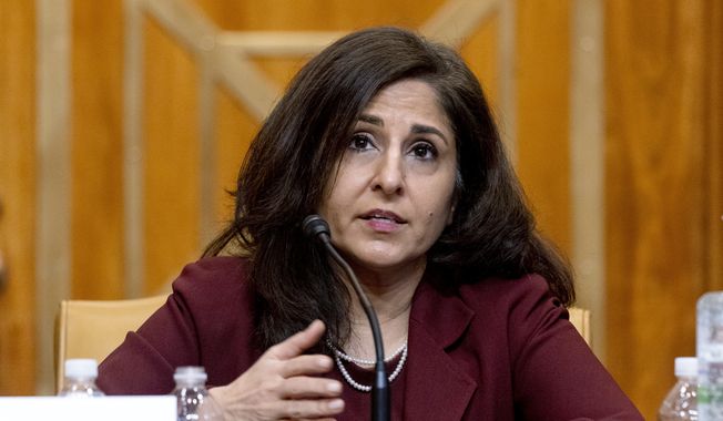 In this Feb. 10, 2021, photo, Neera Tanden, President Joe Biden&#x27;s nominee for director of the Office of Management and Budget (OMB), testifies during a Senate Committee on the Budget hearing on Capitol Hill in Washington. (AP Photo/Andrew Harnik, Pool) **FILE**