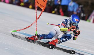 United States&#39; Mikaela Shiffrin speeds down the course during a women&#39;s giant slalom, at the alpine ski World Championships, in Cortina d&#39;Ampezzo, Italy, Thursday, Feb. 18, 2021. (AP Photo/Giovanni Auletta) **FILE**