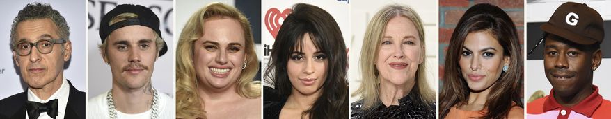 This combination photo of celebrities with birthdays from Feb. 28 - March 6 shows John Turturro, from left, Justin Bieber, Rebel Wilson, Camila Cabello, Catherine O'Hara, Eva Mendes and Tyler, the Creator. (AP Staff)