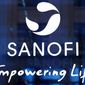 FILE - In this Feb. 7, 2019 the logo of French drug maker Sanofi is pictured at the company&#39;s headquarters, in Paris. Sanofi is going to produce as many as 12 million coronavirus vaccine doses per month for rival Johnson &amp;amp; Johnson, the second time the French drug maker is turning over production facilities to speed up supplies of a rival company&#39;s vaccine, while its own candidate faces delays. (AP Photo/Christophe Ena, File)