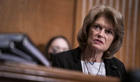Sen. Lisa Murkowski, R-Alaska, speaks during a confirmation hearing for  Secretary of Health and Human Services nominee Xavier Becerra before the Senate Health, Education, Labor and Pensions Committee, Tuesday, Feb. 23, 2021, on Capitol Hill in Washington. (Sarah Silbiger/Pool via AP) ** FILE **