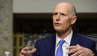In this file photo, Sen. Rick Scott, R-Fla., speaks during a Senate Homeland Security and Governmental Affairs &amp; Senate Rules and Administration joint hearing on Capitol Hill, Washington, Tuesday, Feb. 23, 2021, to examine the January 6th attack on the Capitol. (Erin Scott/The New York Times via AP, Pool)  **FILE**