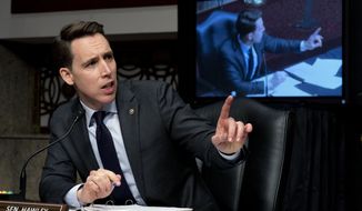 Sen. Josh Hawley, R-Mo., speaks at a Senate Homeland Security and Governmental Affairs &amp; Senate Rules and Administration joint hearing on Capitol Hill, Washington, Tuesday, Feb. 23, 2021, to examine the January 6th attack on the Capitol. (AP Photo/Andrew Harnik, Pool)