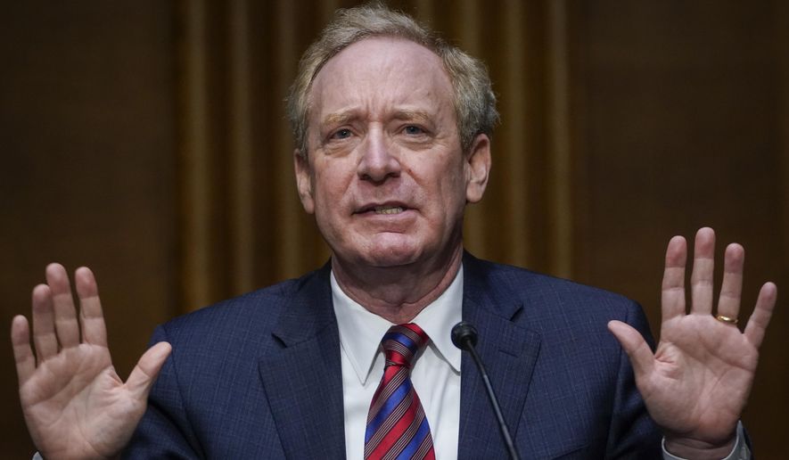 Microsoft President Brad Smith speaks during a Senate Intelligence Committee hearing on Capitol Hill on Tuesday, Feb. 23, 2021 in Washington. (Drew Angerer/Photo via AP) **FILE**
