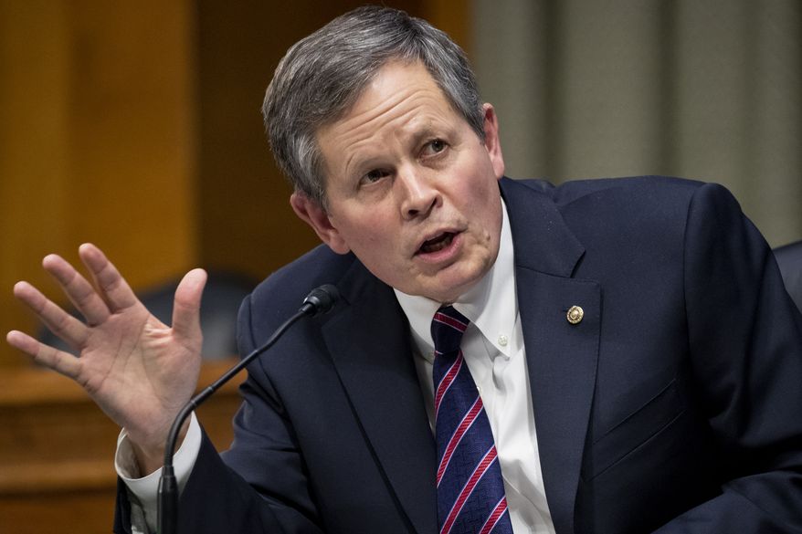Sen. Steve Daines, R-Mont., speaks during a Senate Finance Committee hearing on the nomination of Xavier Becerra to be Secretary of Health and Human Services on Capitol Hill in Washington, Wednesday, Feb. 24, 2021. (Michael Reynolds/Pool via AP) ** FILE **