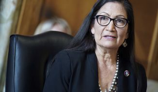 Rep. Debra Haaland, D-N.M., testifies before a Senate Committee on Energy and Natural Resources hearing on her nomination to be Secretary of the Interior on Capitol Hill in Washington, Wednesday, Feb. 24, 2021. (Leigh Vogel/Pool via AP)  **FILE**