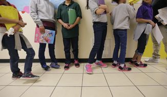 FILE - In this Aug. 29, 2019, file photo, migrant teens line up for a class at a &amp;quot;tender-age&amp;quot; facility for babies, children and teens, in Texas&#39; Rio Grande Valley, in San Benito, Texas. With its long-term facilities for immigrant children nearly full, the Biden administration is working to expedite the release of children to their relatives in the U.S. The U.S. Health and Human Services on Wednesday, Feb. 24, 2021, authorized operators of long-term facilities to pay for some of the children&#39;s flights and transportation to the homes of their sponsors. (AP Photo/Eric Gay File)