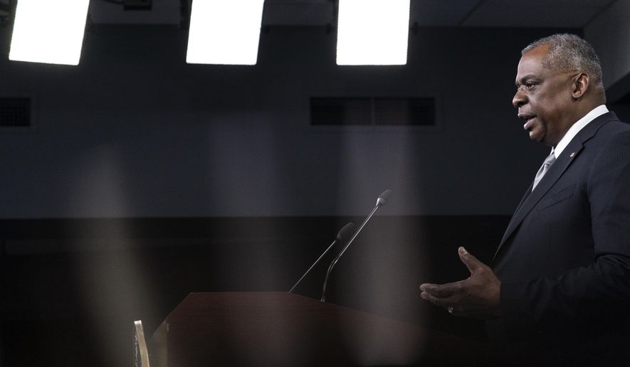Secretary of Defense Lloyd Austin speaks during a media briefing at the Pentagon, Friday, Feb. 19, 2021, in Washington. (AP Photo/Alex Brandon)