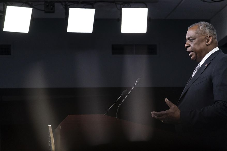 Secretary of Defense Lloyd Austin speaks during a media briefing at the Pentagon, Friday, Feb. 19, 2021, in Washington. (AP Photo/Alex Brandon)