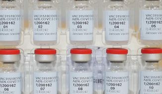 This Dec. 2, 2020, file photo provided by Johnson &amp;amp; Johnson shows vials of the Janssen COVID-19 vaccine in the United States. (Johnson &amp;amp; Johnson via AP)
