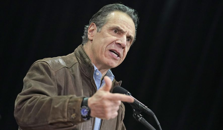 New York Gov. Andrew Cuomo speaks during a press conference before the opening of a mass COVID-19 vaccination site in the Queens borough of New York, Wednesday, Feb. 24, 2021. (AP Photo/Seth Wenig, Pool)  **FILE**