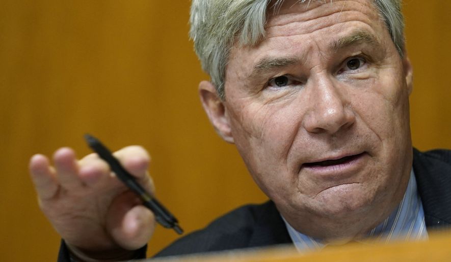 Sen. Sheldon Whitehouse, D-R.I., speaks during a Senate Budget Committee hearing on Capitol Hill in Washington, Thursday, Feb. 25, 2021, examining wages at large profitable corporations. (AP Photo/Susan Walsh, Pool)