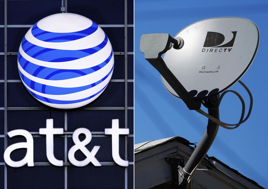 FILE - This file combo made from file photos shows the AT&amp;amp;T logo on the side of a corporate office in Springfield, Ill., left, and a DirecTV satellite dish atop a home in Los Angeles. AT&amp;amp;T is spinning off its DirecTV into a new company at a fraction of the $48.5 billion it paid in 2015. The satellite TV service has lost millions of customers on AT&amp;amp;T&#x27;s watch. (AP Photo/File)