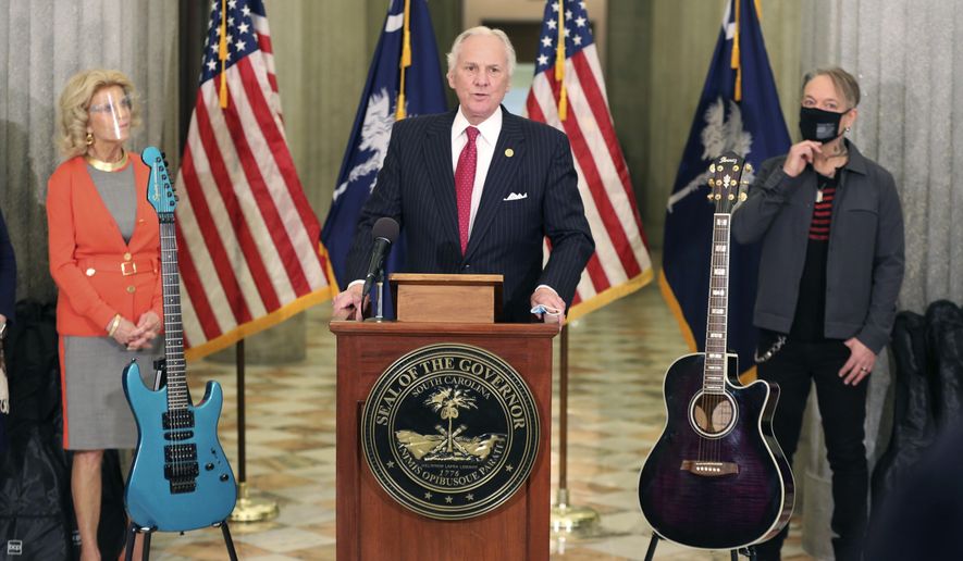 South Carolina Gov. Henry McMaster speaks at a news conference to announce a state chapter of Guitars for Vets on Thursday, Feb. 25, 2021, in Columbia, South Carolina. For $200, the group gives a guitar and 10 lessons to a veteran suffering from physical or emotional problems. (AP Photo/Jeffrey Collins)