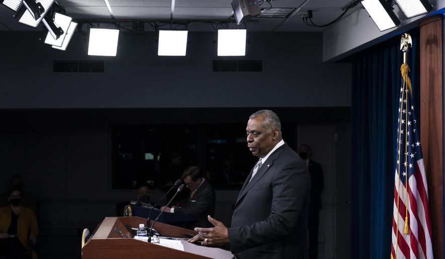 Secretary of Defense Lloyd Austin speaks during a media briefing at the Pentagon, Friday, Feb. 19, 2021, in Washington. (AP Photo/Alex Brandon)