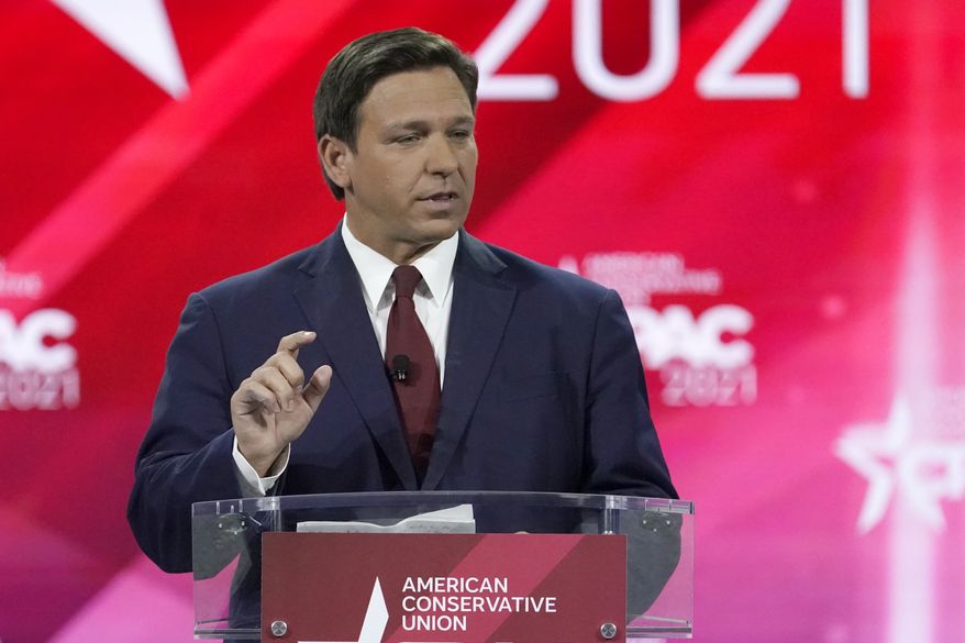 Florida Gov. Ron DeSantis speaks at the Conservative Political Action Conference (CPAC) Friday, Feb. 26, 2021, in Orlando, Fla. (AP Photo/John Raoux)