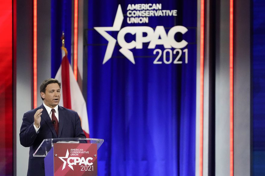 Florida Gov. Ron DeSantis speaks at the Conservative Political Action Conference (CPAC) Friday, Feb. 26, 2021, in Orlando, Fla. (AP Photo/John Raoux)