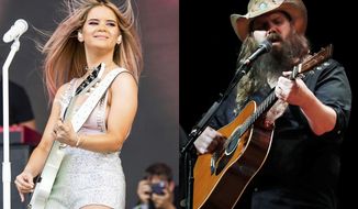 Maren Morris performs at the Bonnaroo Music and Arts Festival in Manchester, Tenn., on  June 15, 2019 , left, and Chris Stapleton performs during Marty Stuart&#39;s Late night Jam at the Ryman Auditorium in Nashville, Tenn. on June 7, 2018. Morris and Stapleton lead the nominations for this year&#39;s Academy of Country Music Awards. The academy announced on Friday that Morris and Stapleton both had six nominations ahead of the April 18 awards show, which will air on CBS from Nashville, Tennessee. (AP Photo)