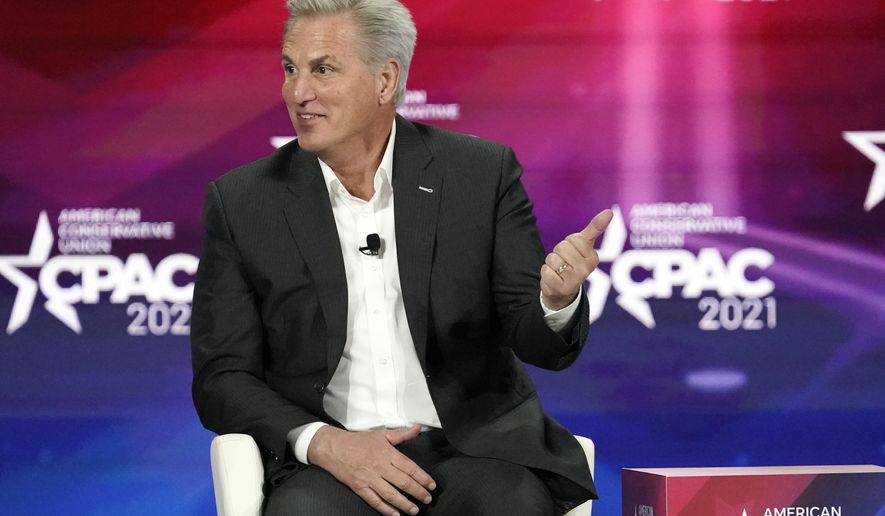 House Minority Leader Kevin McCarthy speaks at the Conservative Political Action Conference (CPAC) Saturday, Feb. 27, 2021, in Orlando, Fla. (AP Photo/John Raoux)
