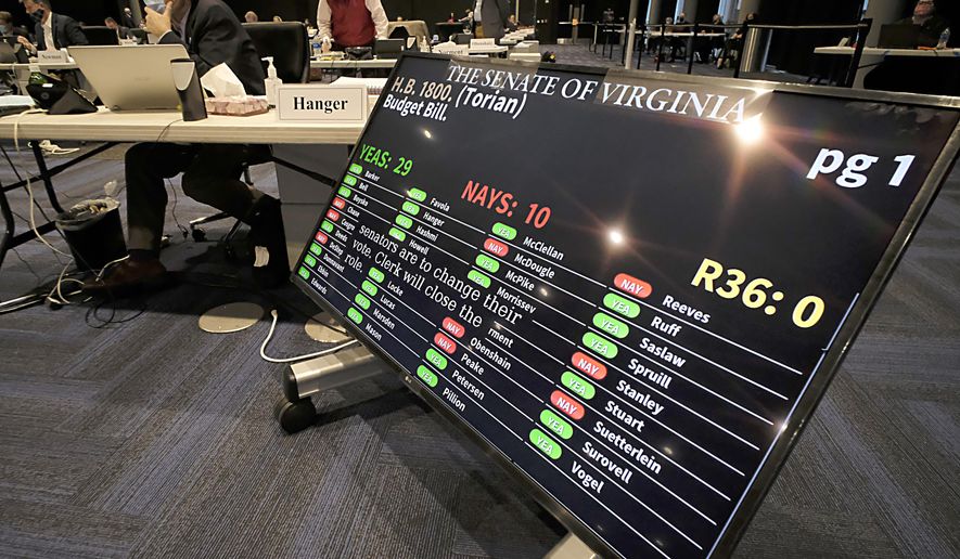 The budget bill, HB1800 was approved by a vote of 29-10 during the floor session of the Virginia Senate, which is meeting inside the Science Museum of Virginia in Richmond, Va., Saturday, Feb. 27, 2021. (Bob Brown/Richmond Times-Dispatch via AP)
