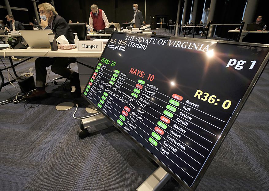 The budget bill, HB1800 was approved by a vote of 29-10 during the floor session of the Virginia Senate, which is meeting inside the Science Museum of Virginia in Richmond, Va., Saturday, Feb. 27, 2021. (Bob Brown/Richmond Times-Dispatch via AP)