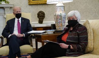 In this Jan. 29, 2021, file photo, President Joe Biden meets with Treasury Secretary Janet Yellen in the Oval Office of the White House in Washington. (AP Photo/Evan Vucci, File)
