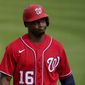 Washington Nationals&#39; Victor Robles heads back to the dugout after striking out during the fourth inning of a spring training baseball game against the St. Louis Cardinals Sunday, Feb. 28, 2021, in Jupiter, Fla. (AP Photo/Jeff Roberson) **FILE**
